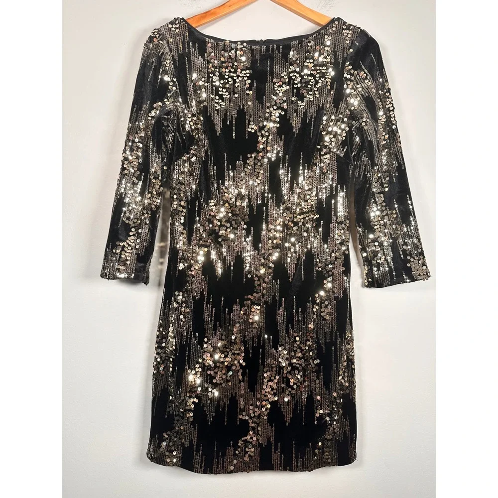 Eliza J Sheath Dress Women 6 Black Gold Sequin Velvet 3/4 Sleeve Mini Cocktail